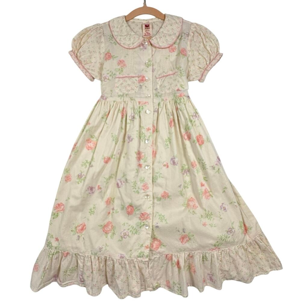 April Cornell Vintage Floral Dress Girls 5/6 Cream Cottagecore Prairiecore